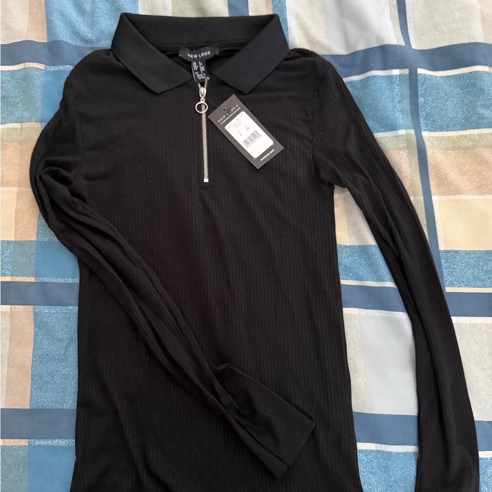 New Look Black Ribbed Polo with Zipper